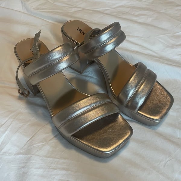 Vaneli Silver Metallic Puffed Strap Heeled Platform Sandal 