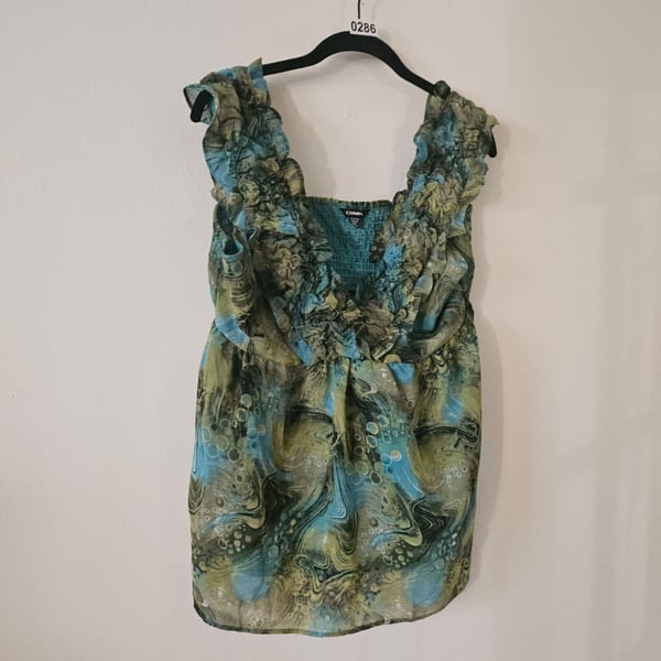 DIMR Ruffled Blue Green Abstract Print Tank 286