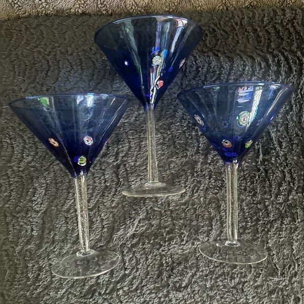 Blue Millefiori Martini Glasses Set of 3