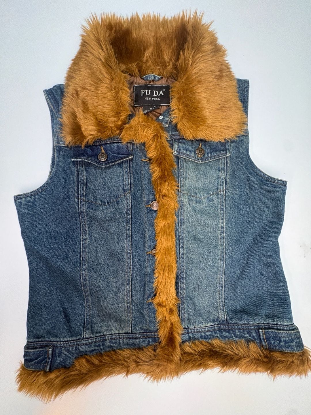 FU DA New York Womens S Denim Vest Faux Fur Trim Y2K Western Boho Jean 2
