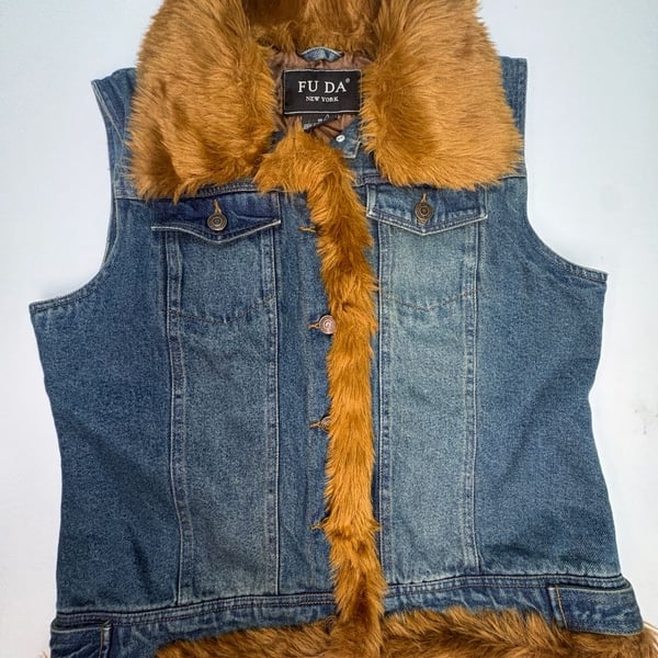 FU DA New York Womens S Denim Vest Faux Fur Trim Y2K Western Boho Jean