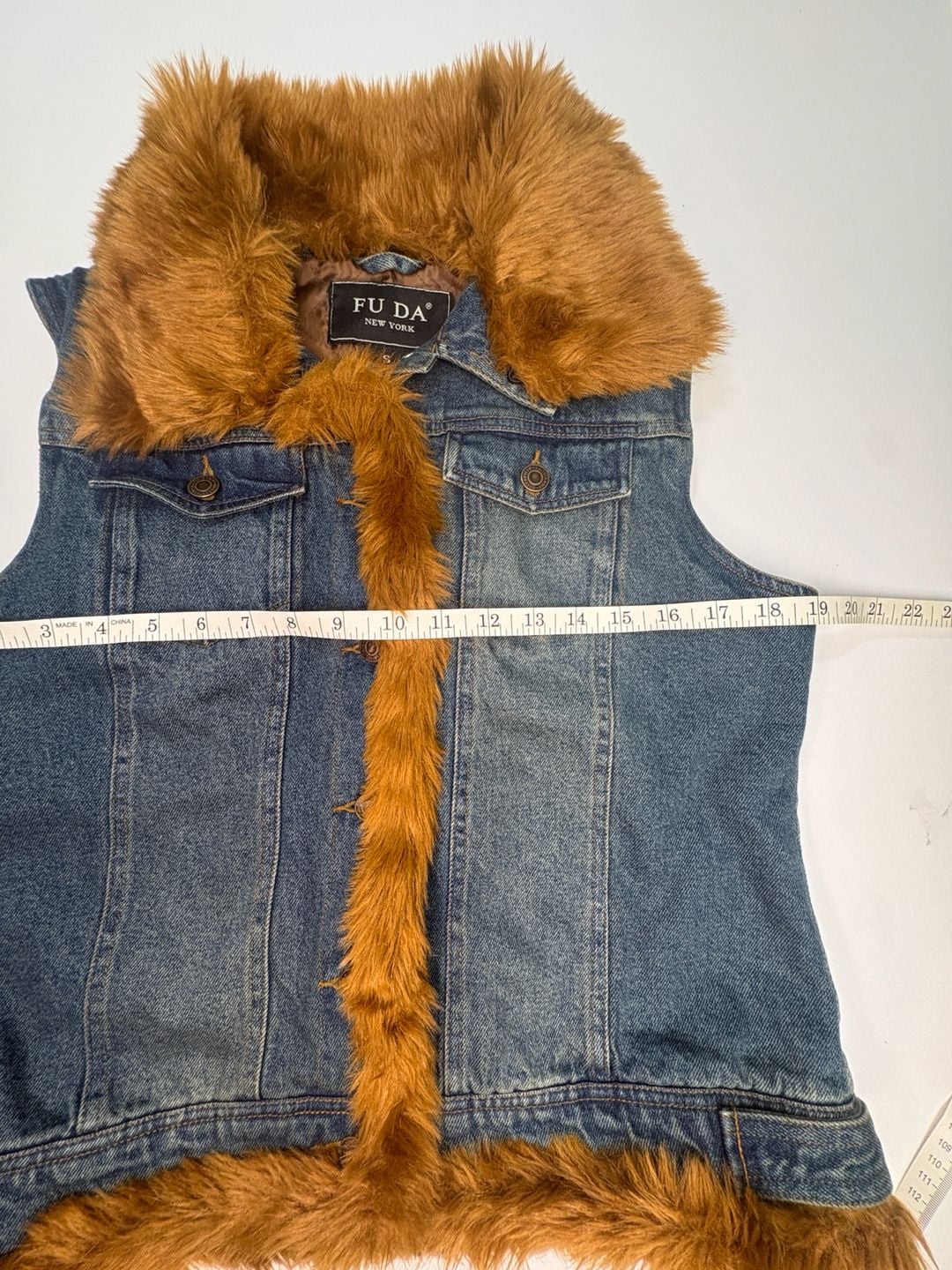FU DA New York Womens S Denim Vest Faux Fur Trim Y2K Western Boho Jean 6