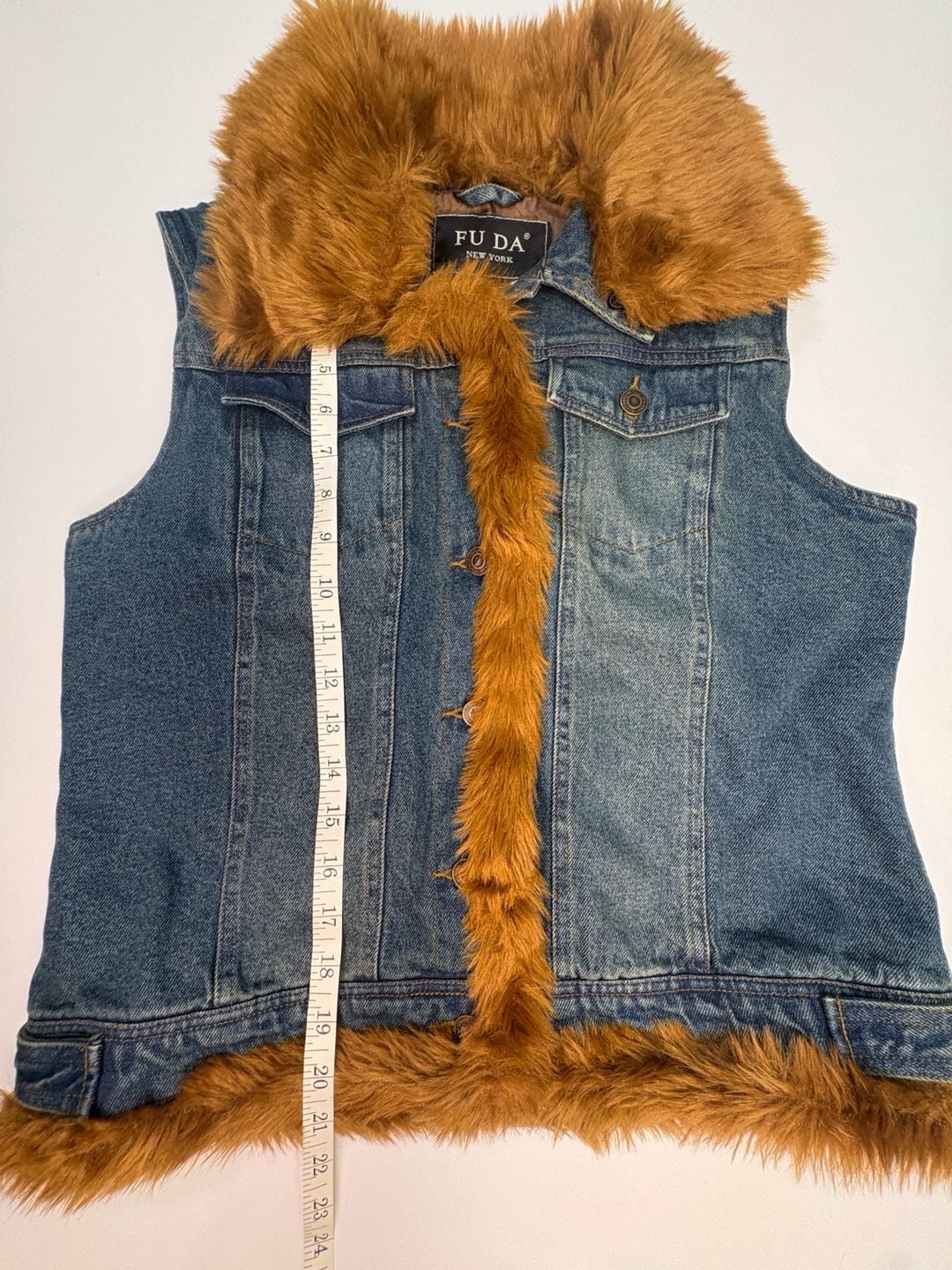FU DA New York Womens S Denim Vest Faux Fur Trim Y2K Western Boho Jean 7