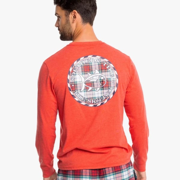 Southern Tide Men’s Plaid SJ Medallion Heather Long Sleeve Tee S Red