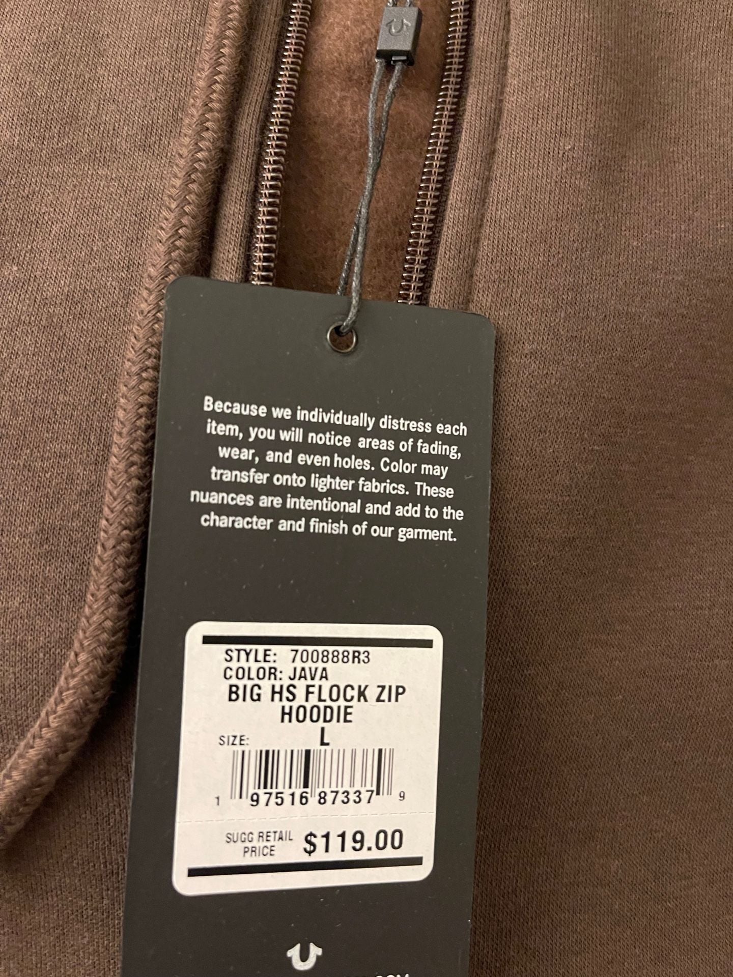 True Religion Big HS Flock Zip Hoodie Size L Java 2