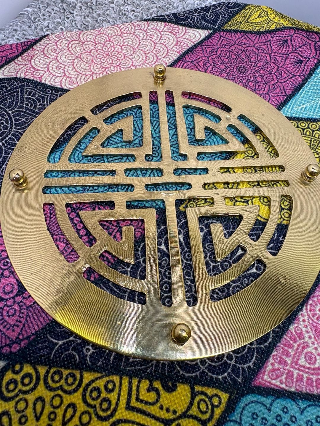 Vintage Chinese Brass Metal Shou Symbol Floral Round Trivet Hot Plate 4
