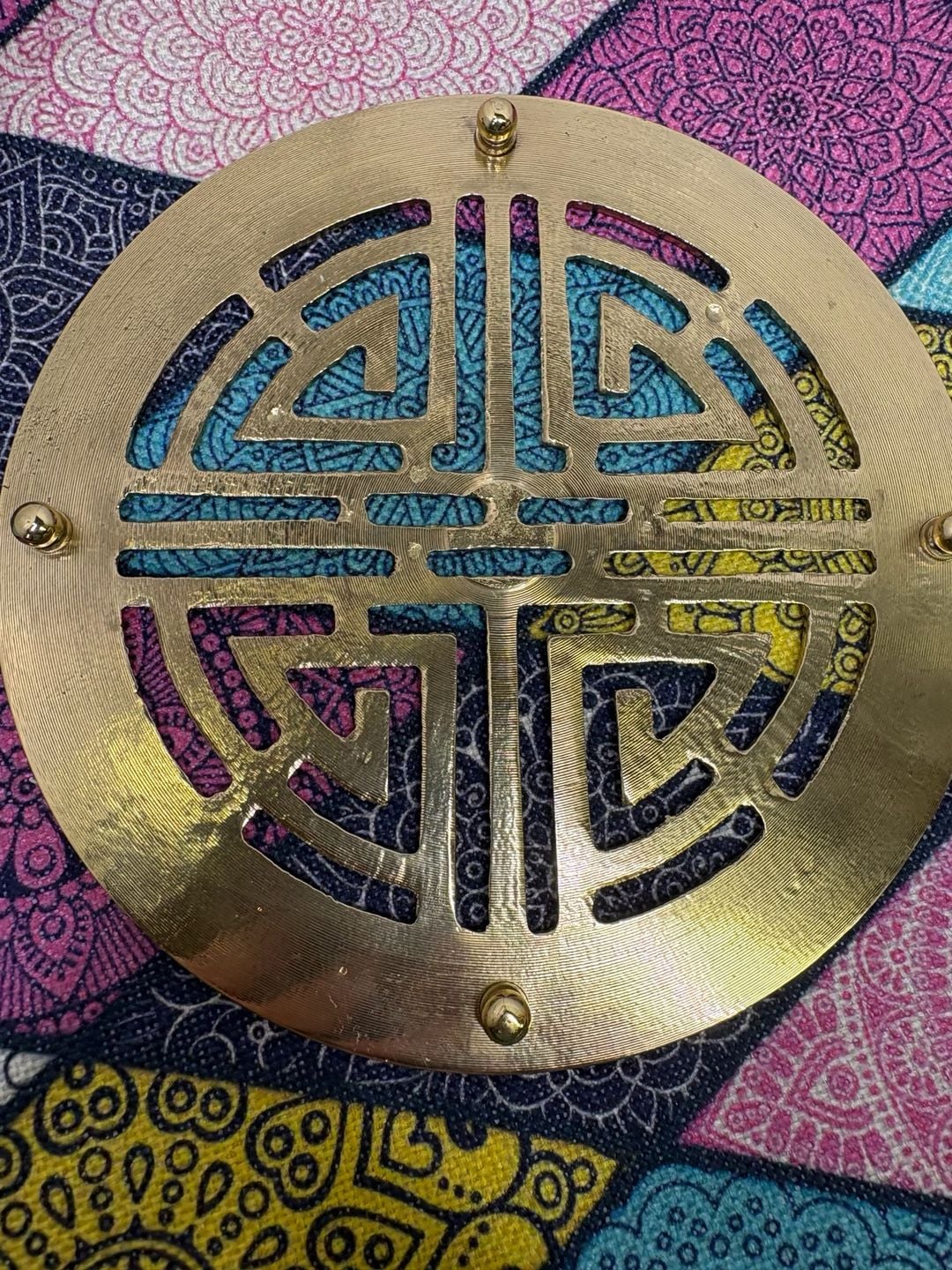Vintage Chinese Brass Metal Shou Symbol Floral Round Trivet Hot Plate 5