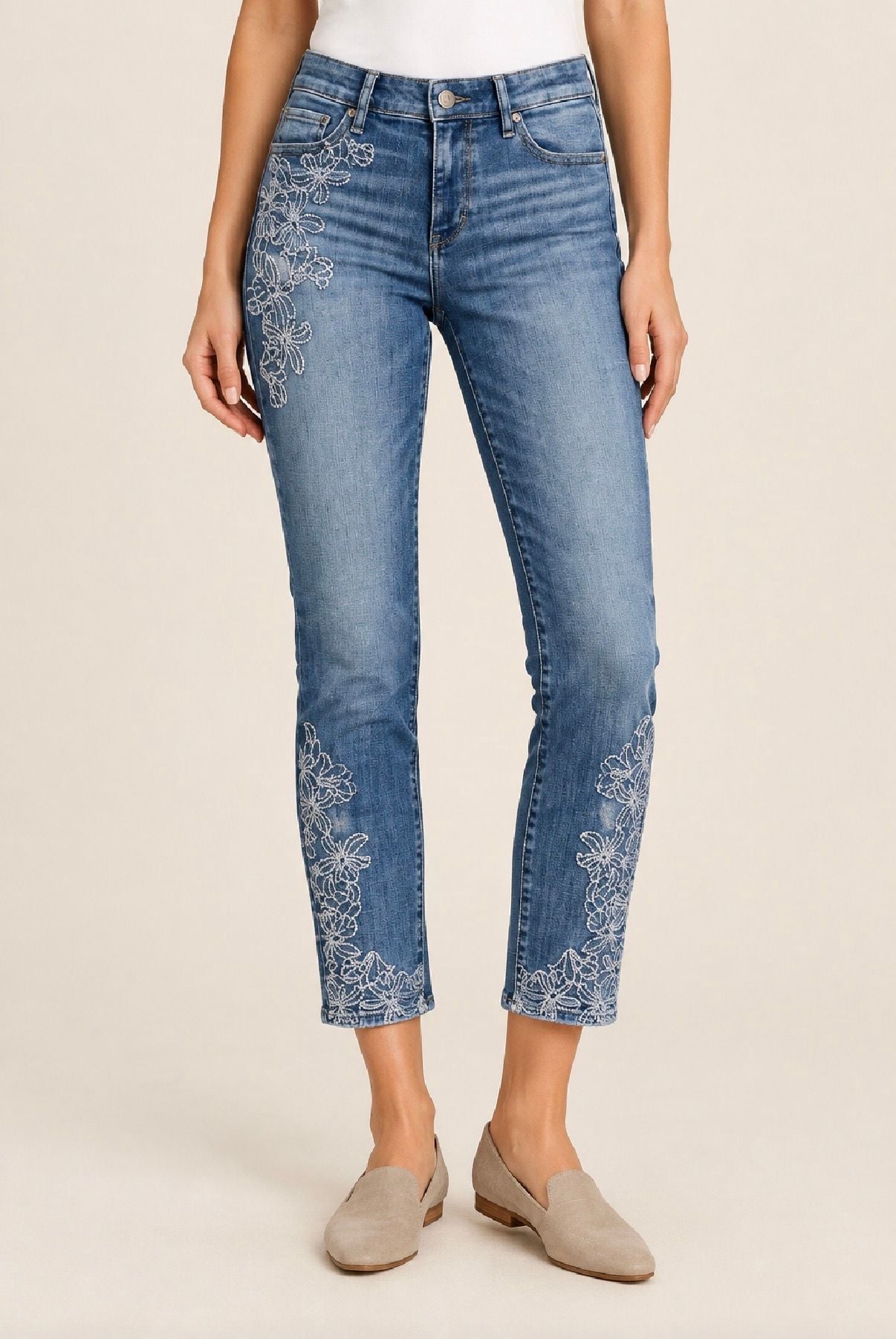 White House Black Market (WHBM) Mid-Rise Lace-Embroidered Crop Skinny Jeans 2
