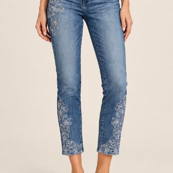 White House Black Market (WHBM) Mid-Rise Lace-Embroidered Crop Skinny Jeans