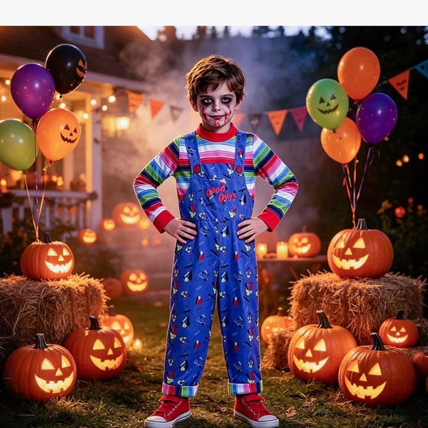 Ailker Child Chucky Costume Size L Blue Overalls and Rainbow Shirt Halloween