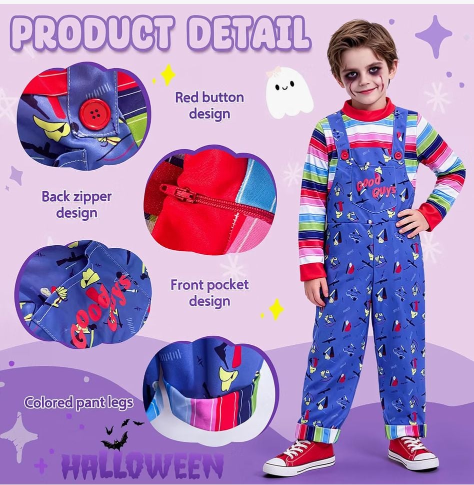 Ailker Child Chucky Costume Size L Blue Overalls and Rainbow Shirt Halloween 7