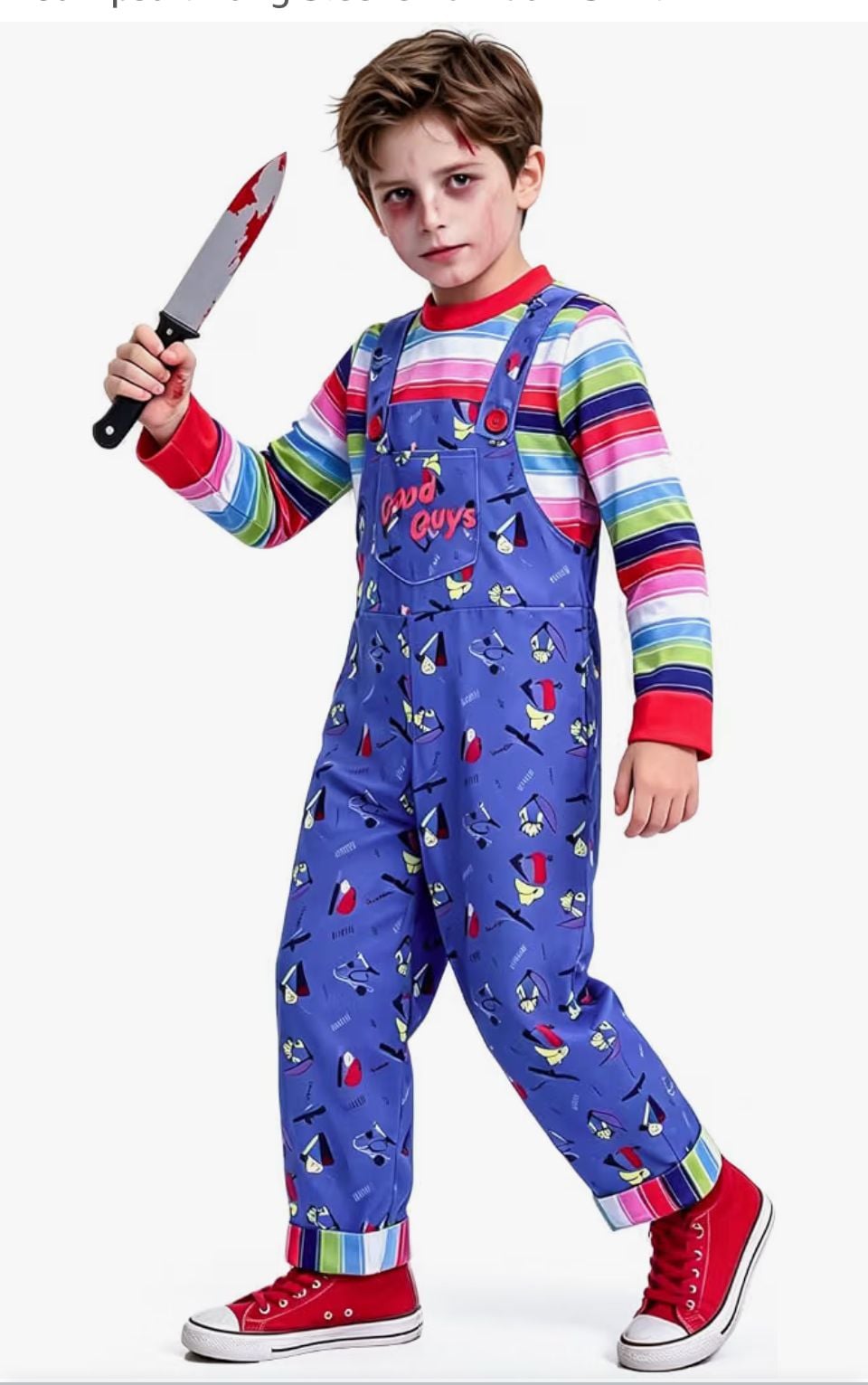 Ailker Child Chucky Costume Size L Blue Overalls and Rainbow Shirt Halloween 6