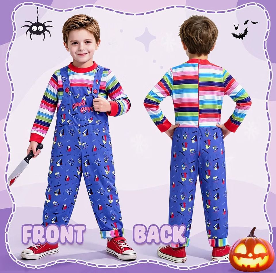 Ailker Child Chucky Costume Size L Blue Overalls and Rainbow Shirt Halloween 2
