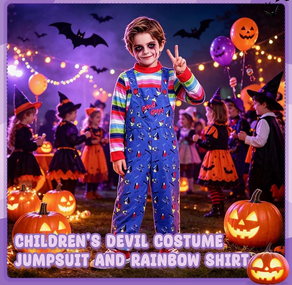 Ailker Child Chucky Costume Size L Blue Overalls and Rainbow Shirt Halloween 4