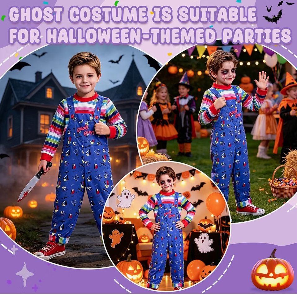 Ailker Child Chucky Costume Size L Blue Overalls and Rainbow Shirt Halloween 5