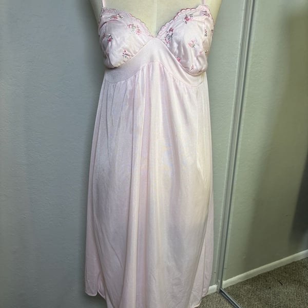 Vintage Pink Floral Embroidered Nylon Slip Dress Size Small
