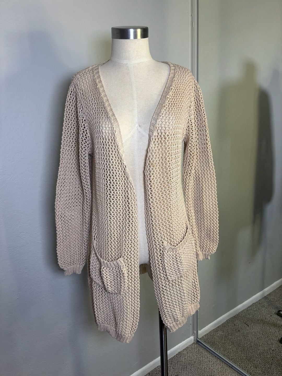 Ganji Open Front Knit Cardigan Size S Beige Mesh Sweater with Pockets 2