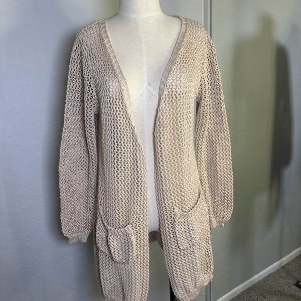 Ganji Open Front Knit Cardigan Size S Beige Mesh Sweater with Pockets
