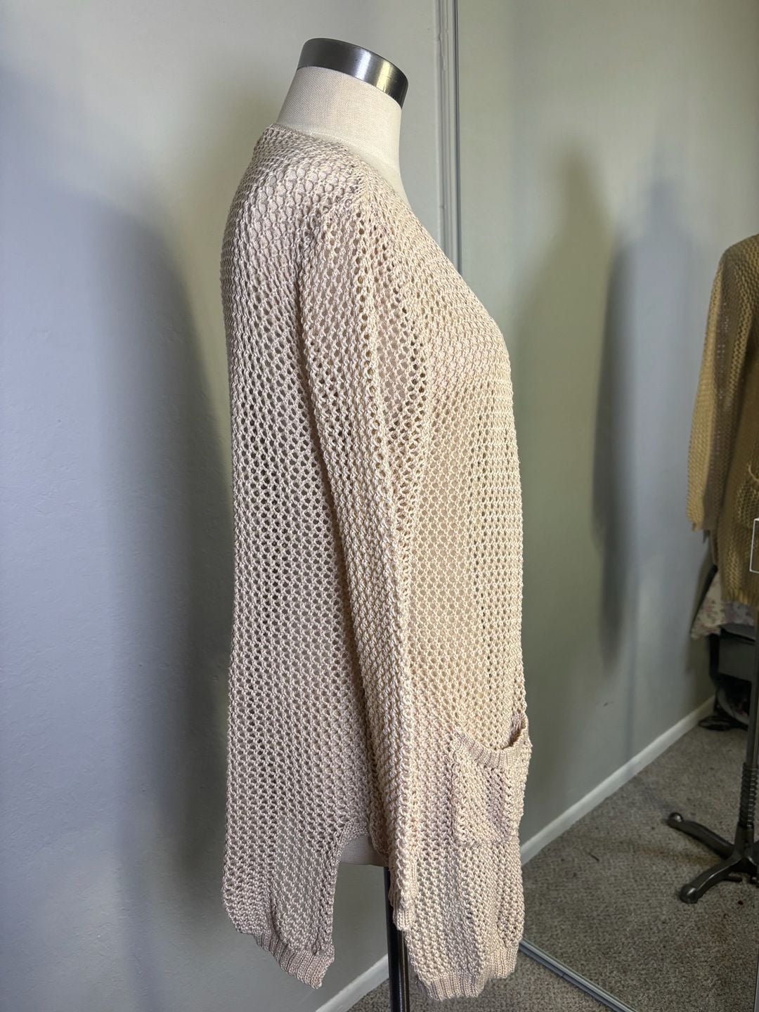 Ganji Open Front Knit Cardigan Size S Beige Mesh Sweater with Pockets 3
