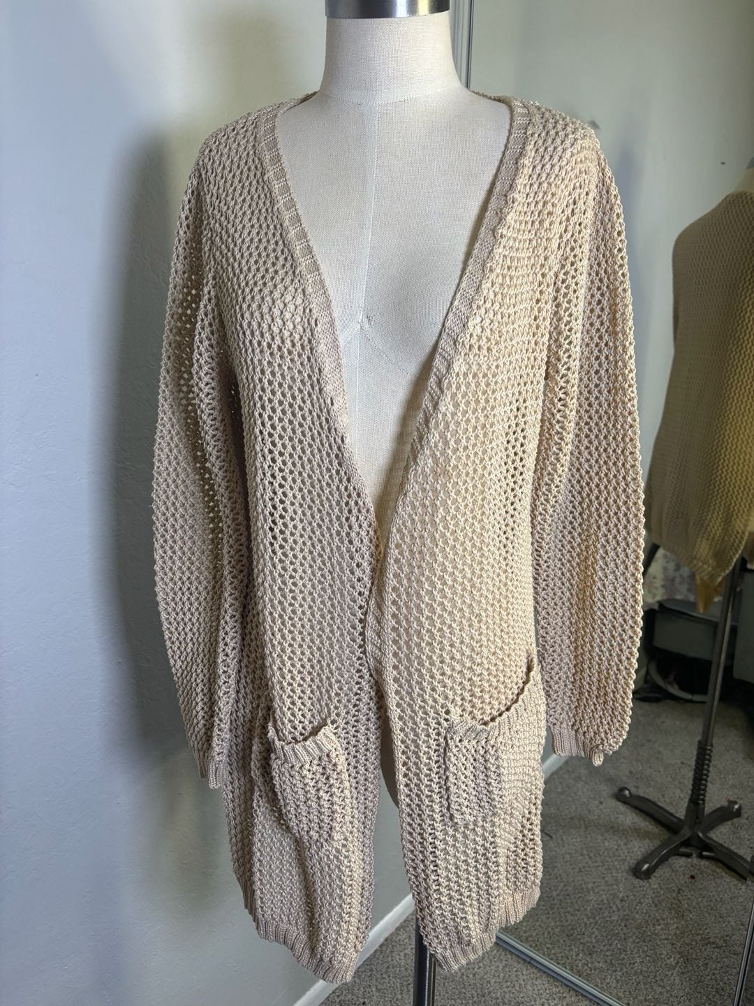 Ganji Open Front Knit Cardigan Size S Beige Mesh Sweater with Pockets 5