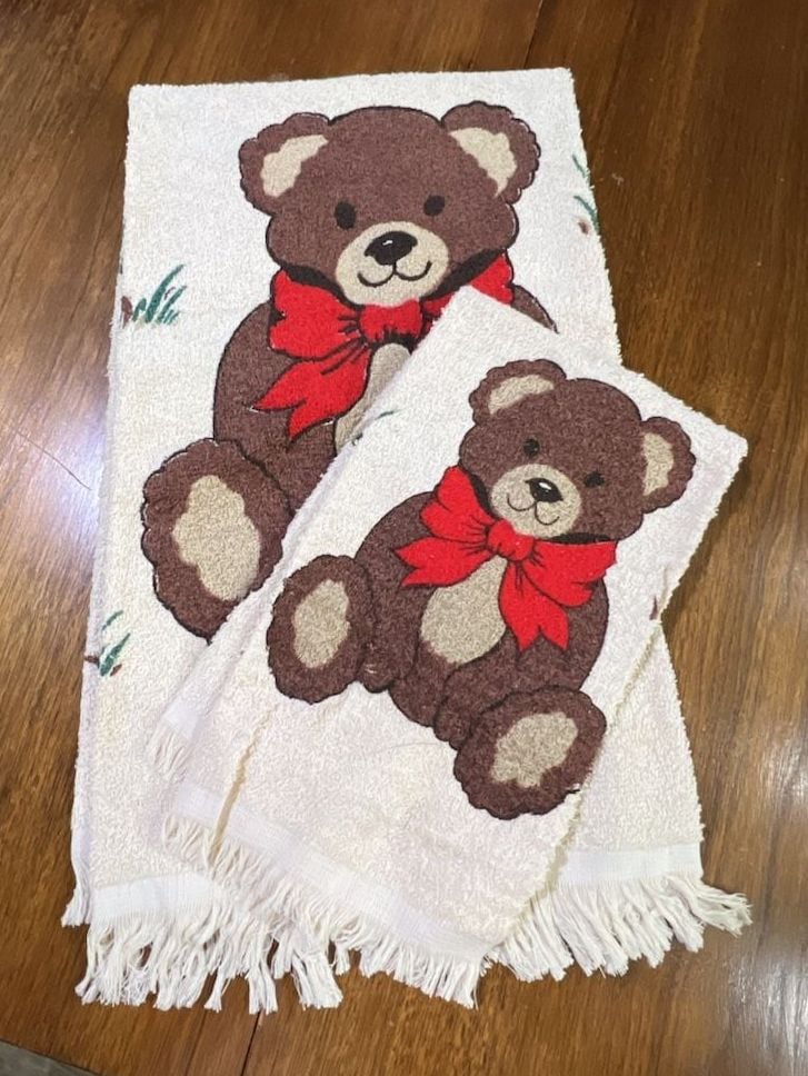 Cannon Teddy Bear Bath Towel Set Beige Red Bow Vintage 1