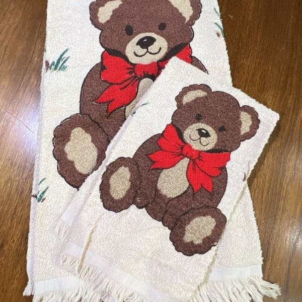 Cannon Teddy Bear Bath Towel Set Beige Red Bow Vintage