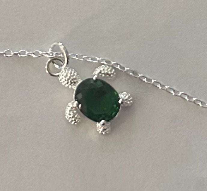 Sterling Silver Sea Turtle Necklace with Green Gemstone Shell and White Cubic 2