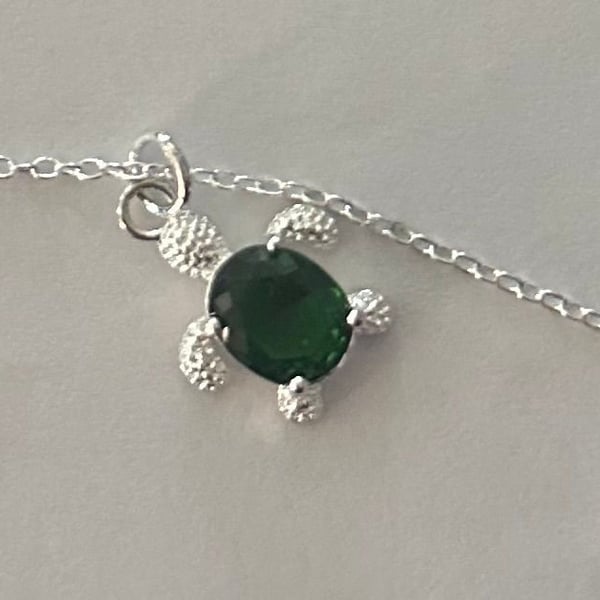 Sterling Silver Sea Turtle Necklace with Green Gemstone Shell and White Cubic