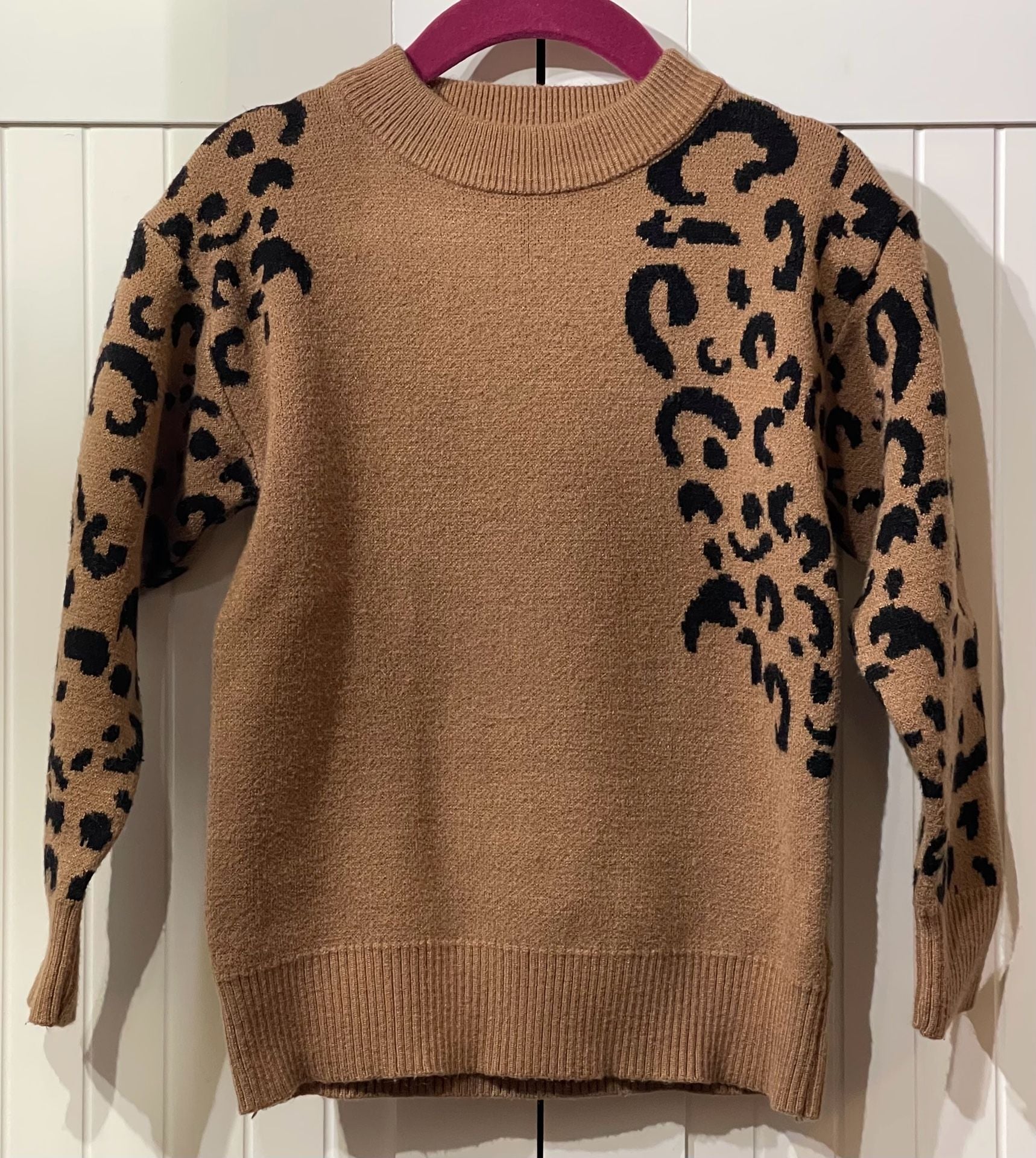Adorable Sweetness Leopard Print Drop Shoulder Sweater Size 7/8 Tan Knit 2