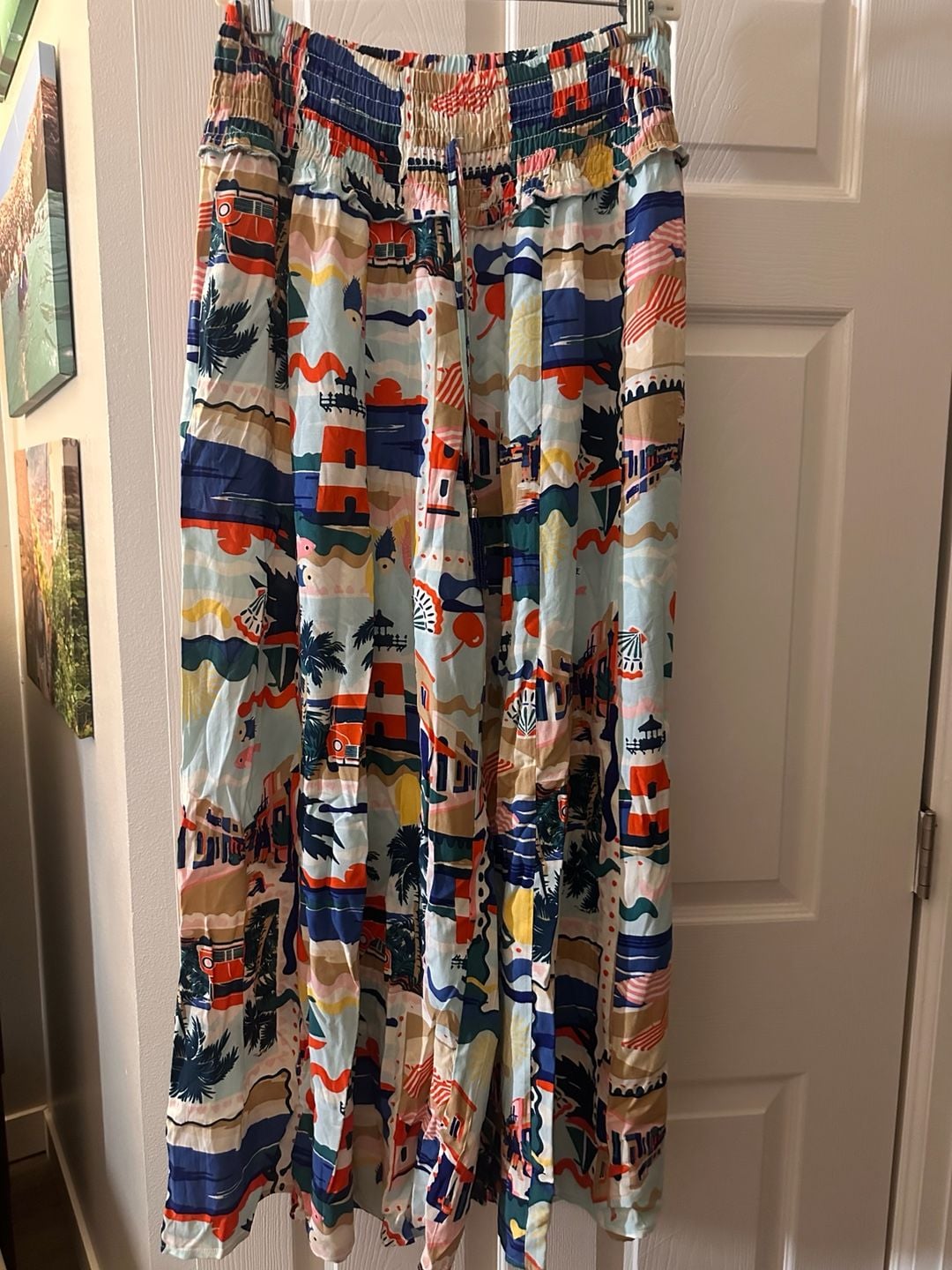 Cato Hi-Rise Smocked Elastic Waist Pants Size L Multi Color Print 1