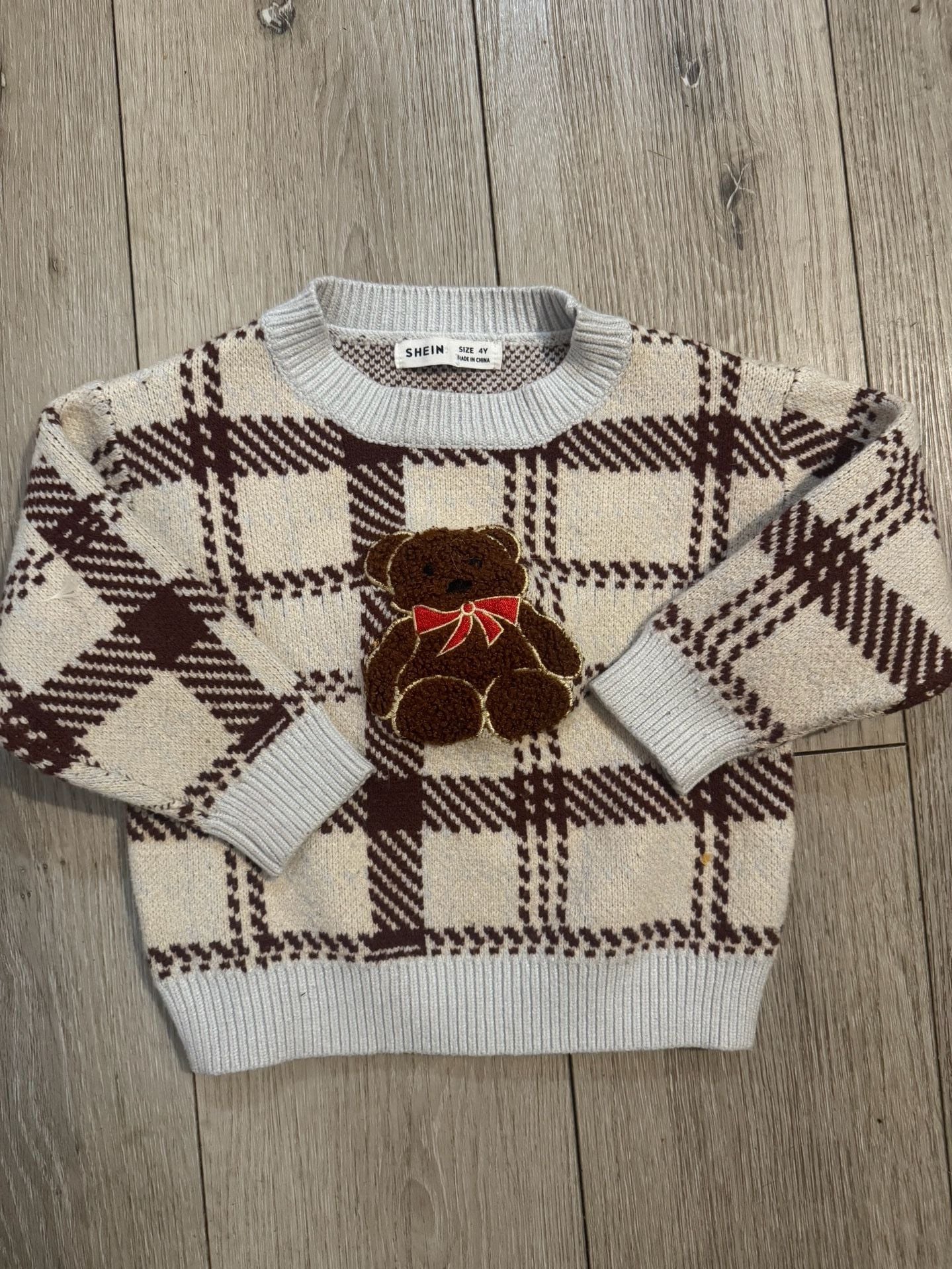 Shein Plaid Sweater with Teddy Bear Applique Size 4Y Brown White Knit Pullover 2