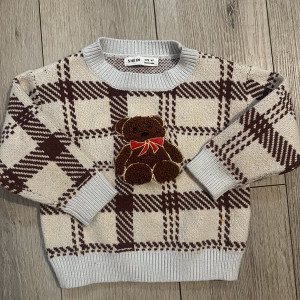 Shein Plaid Sweater with Teddy Bear Applique Size 4Y Brown White Knit Pullover