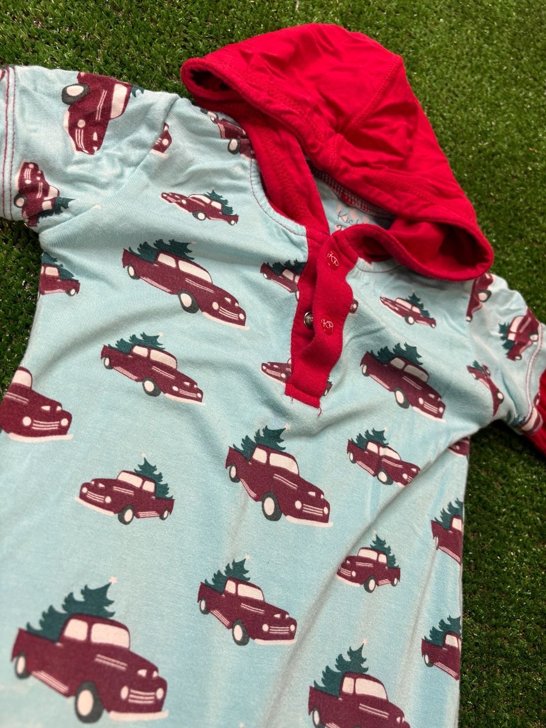 KICKEE PANTS Christmas Tree Trucks Sleeper Romper Sz 6-12 M Short Sleeve Hoodie 1