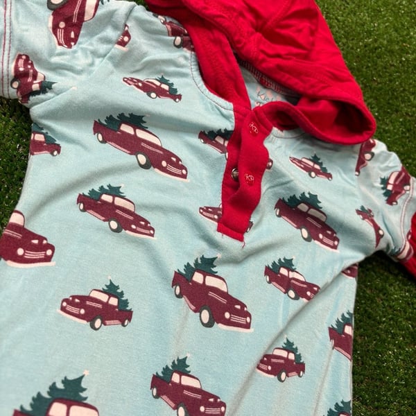  KICKEE PANTS Christmas Tree Trucks Sleeper Romper Sz 6-12 M Short Sleeve Hoodie