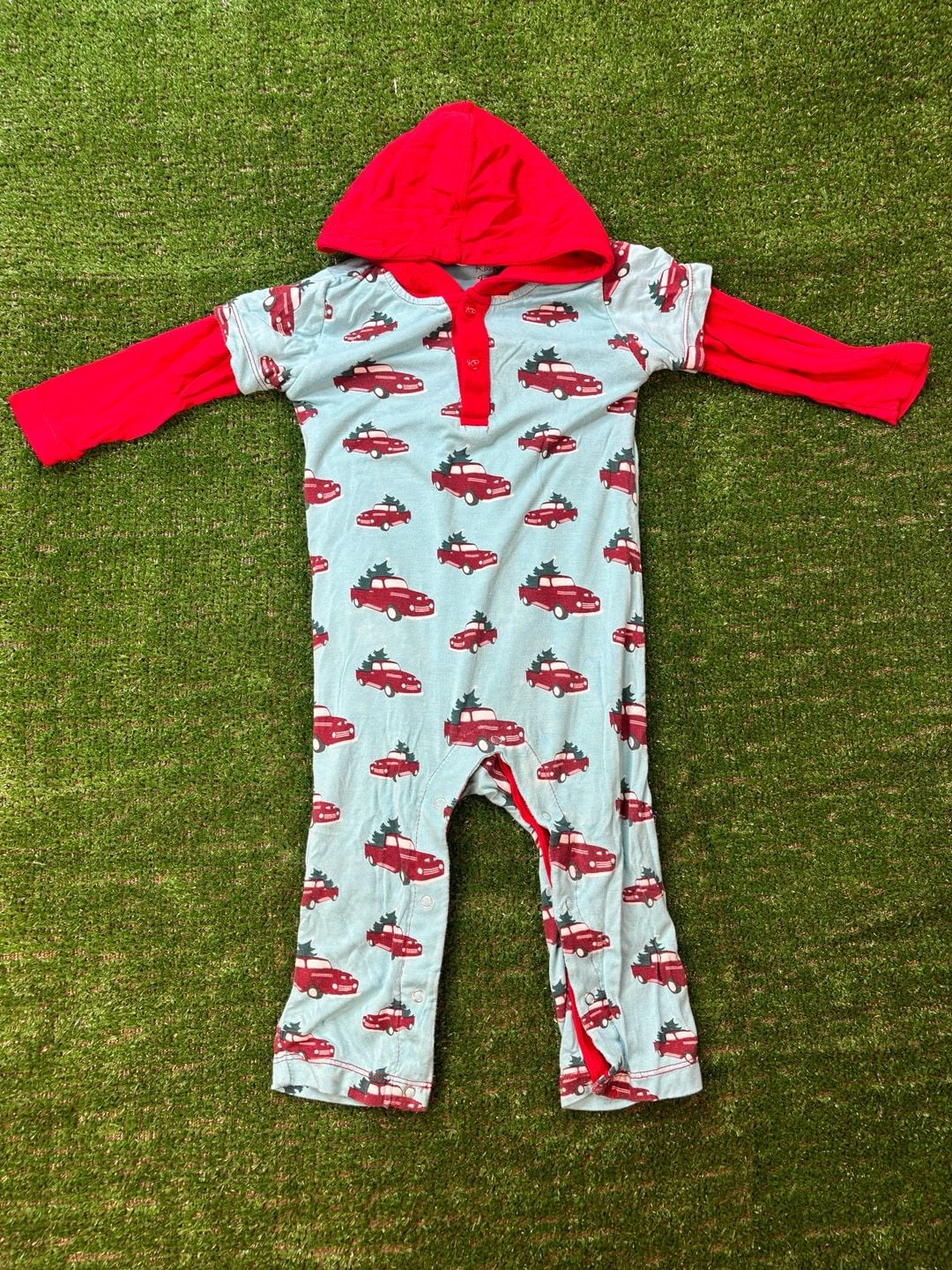 KICKEE PANTS Christmas Tree Trucks Sleeper Romper Sz 6-12 M Short Sleeve Hoodie 2