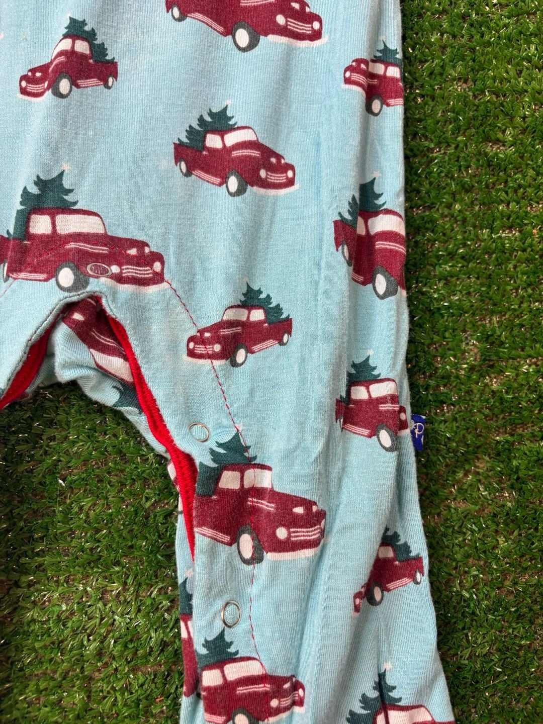 KICKEE PANTS Christmas Tree Trucks Sleeper Romper Sz 6-12 M Short Sleeve Hoodie 6