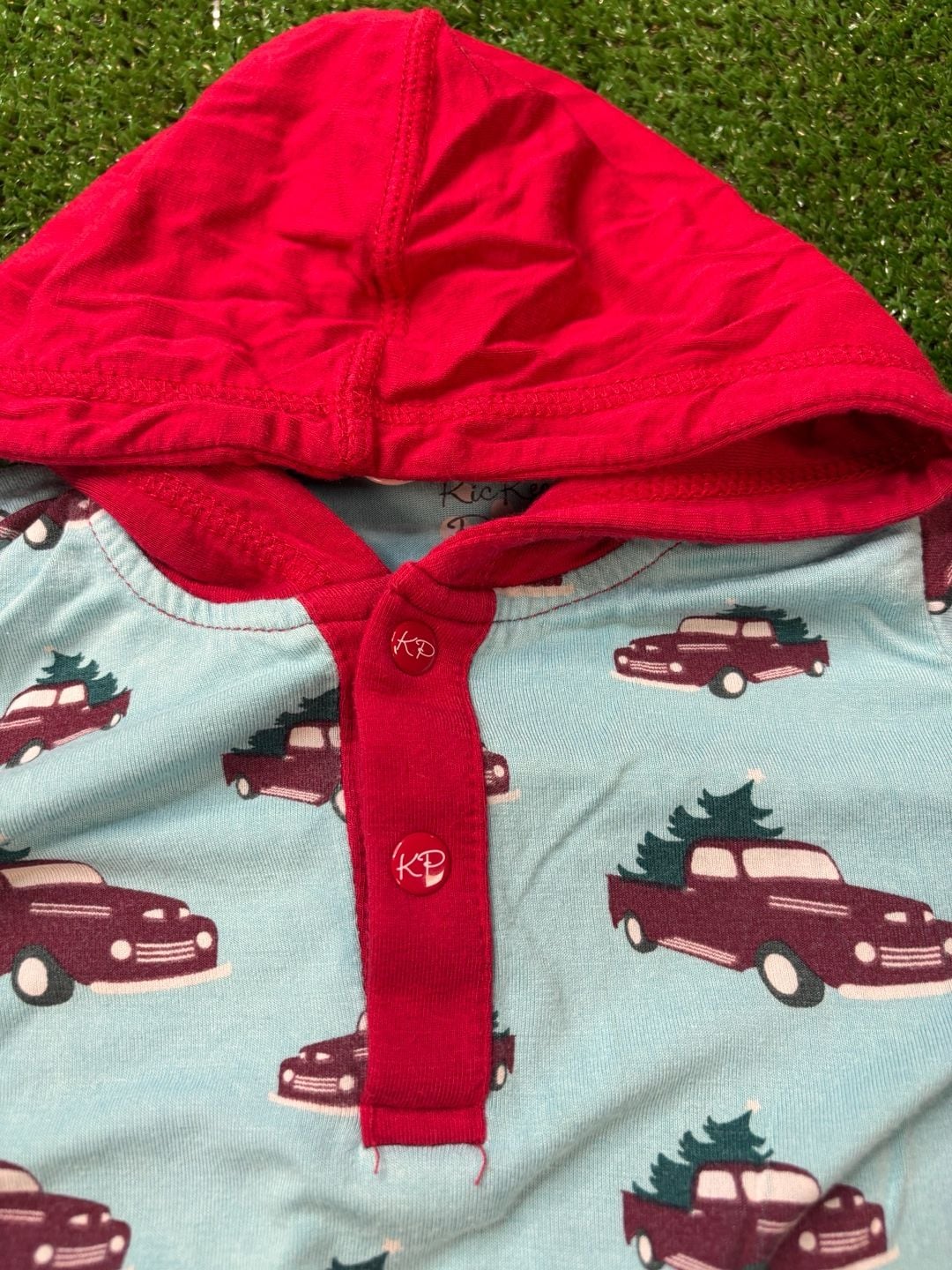 KICKEE PANTS Christmas Tree Trucks Sleeper Romper Sz 6-12 M Short Sleeve Hoodie 7