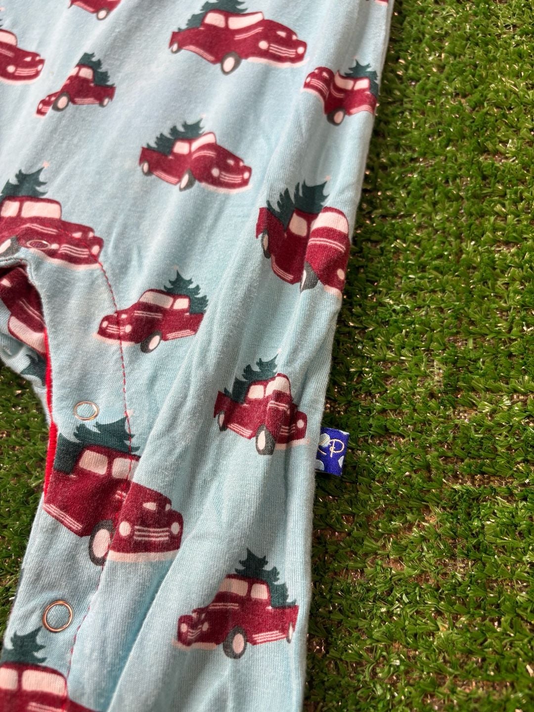 KICKEE PANTS Christmas Tree Trucks Sleeper Romper Sz 6-12 M Short Sleeve Hoodie 10