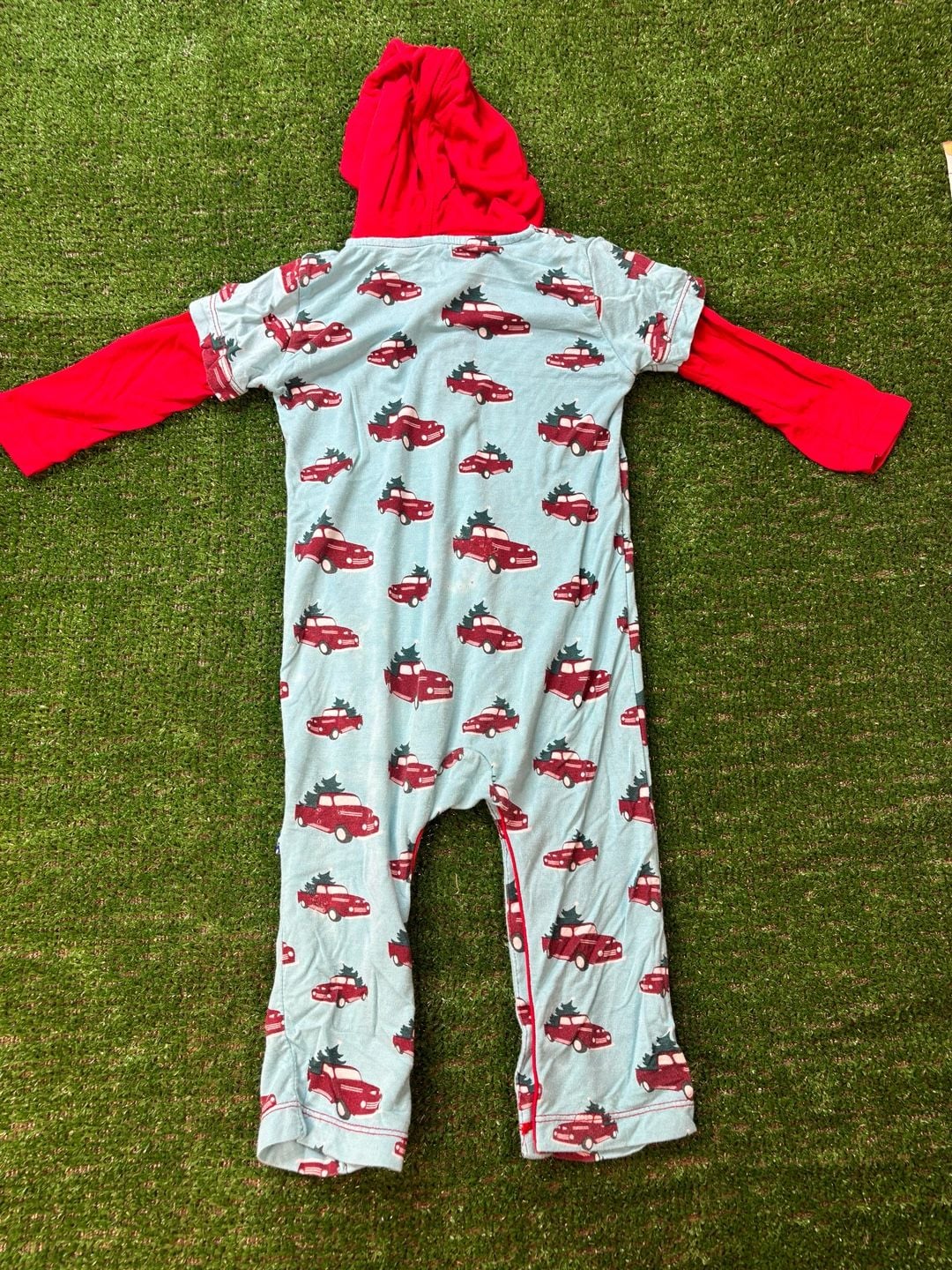 KICKEE PANTS Christmas Tree Trucks Sleeper Romper Sz 6-12 M Short Sleeve Hoodie 11