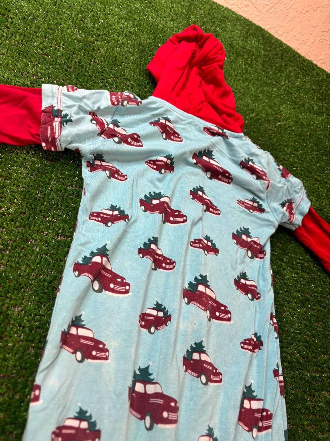 KICKEE PANTS Christmas Tree Trucks Sleeper Romper Sz 6-12 M Short Sleeve Hoodie 13