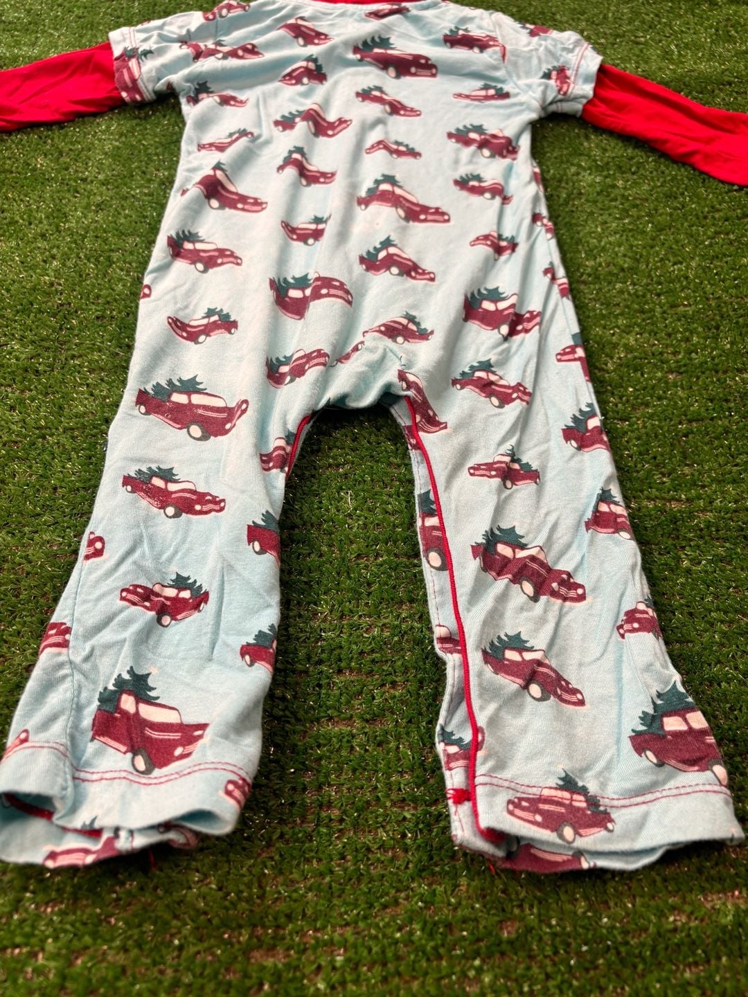KICKEE PANTS Christmas Tree Trucks Sleeper Romper Sz 6-12 M Short Sleeve Hoodie 14