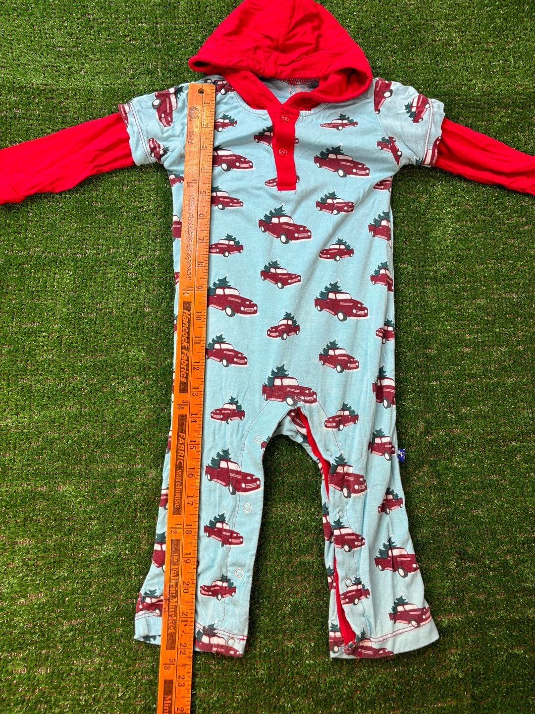 KICKEE PANTS Christmas Tree Trucks Sleeper Romper Sz 6-12 M Short Sleeve Hoodie 15