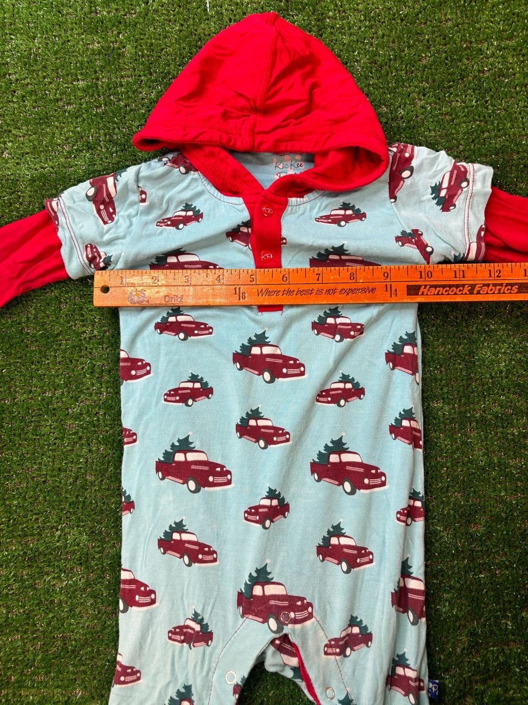 KICKEE PANTS Christmas Tree Trucks Sleeper Romper Sz 6-12 M Short Sleeve Hoodie 16
