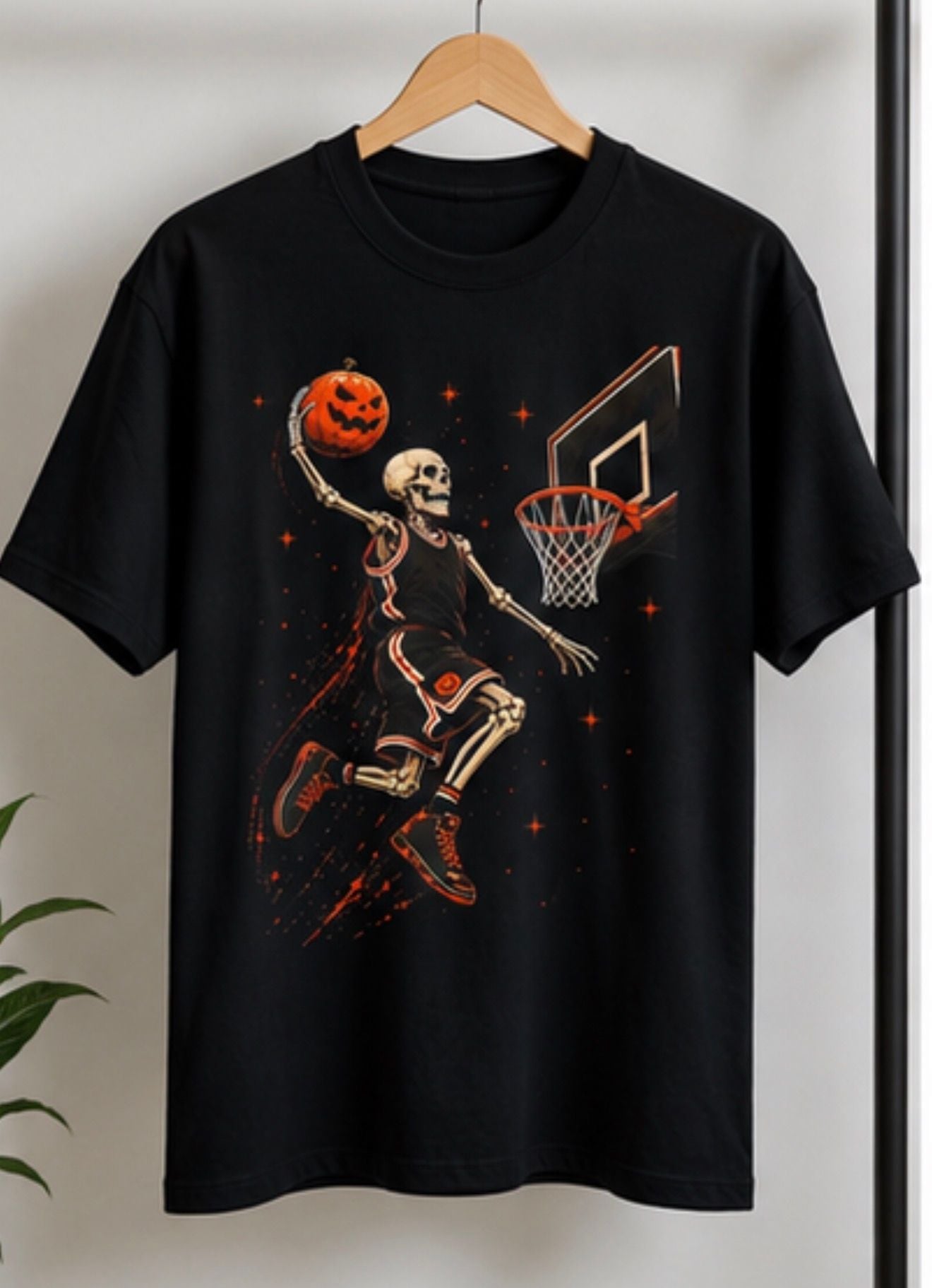 Halloween Skeleton Basketball Dunk Unisex Graphic T-Shirt Size L Black 2