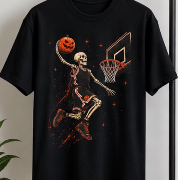 Halloween Skeleton Basketball Dunk Unisex Graphic T-Shirt Size L Black