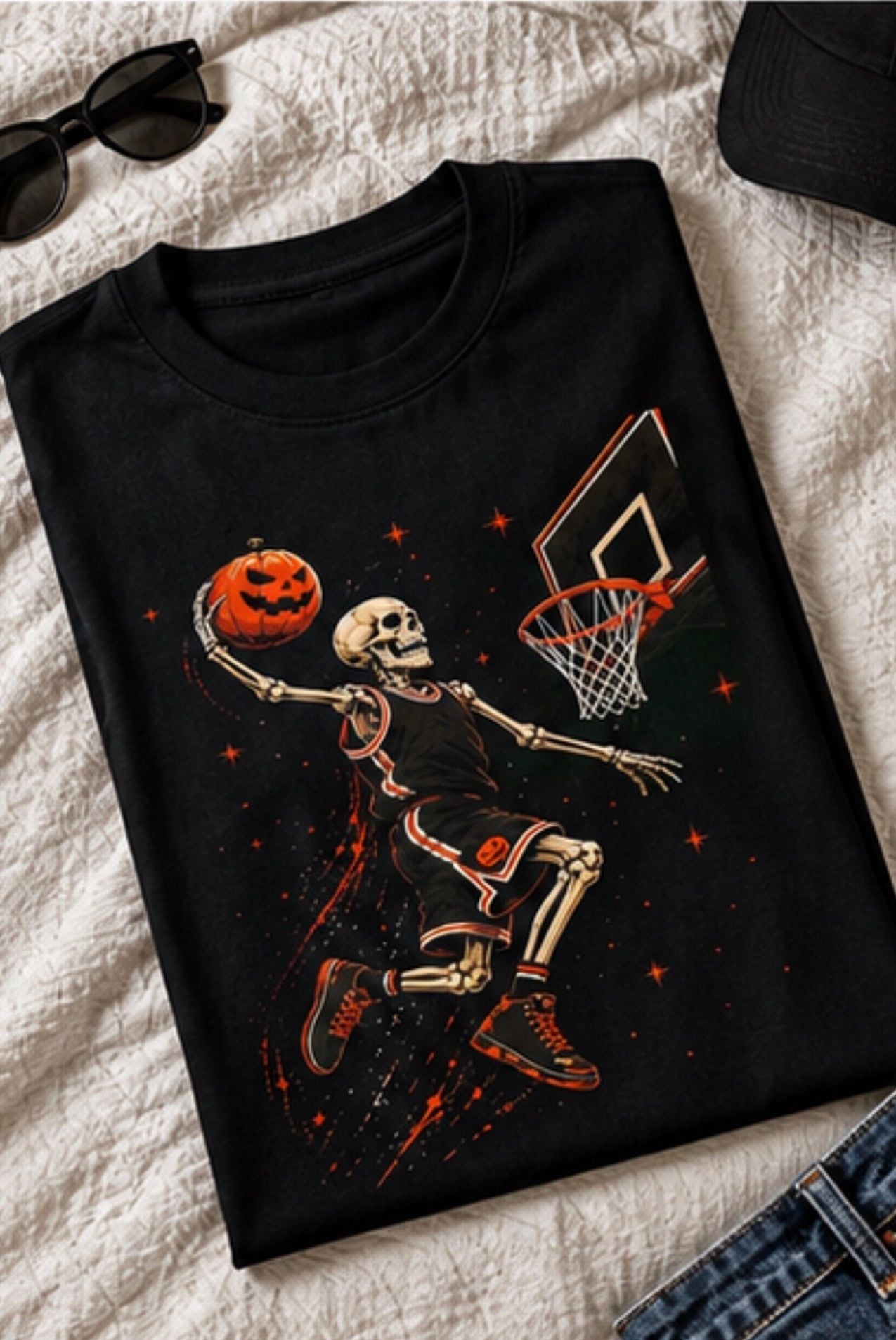 Halloween Skeleton Basketball Dunk Unisex Graphic T-Shirt Size L Black 4