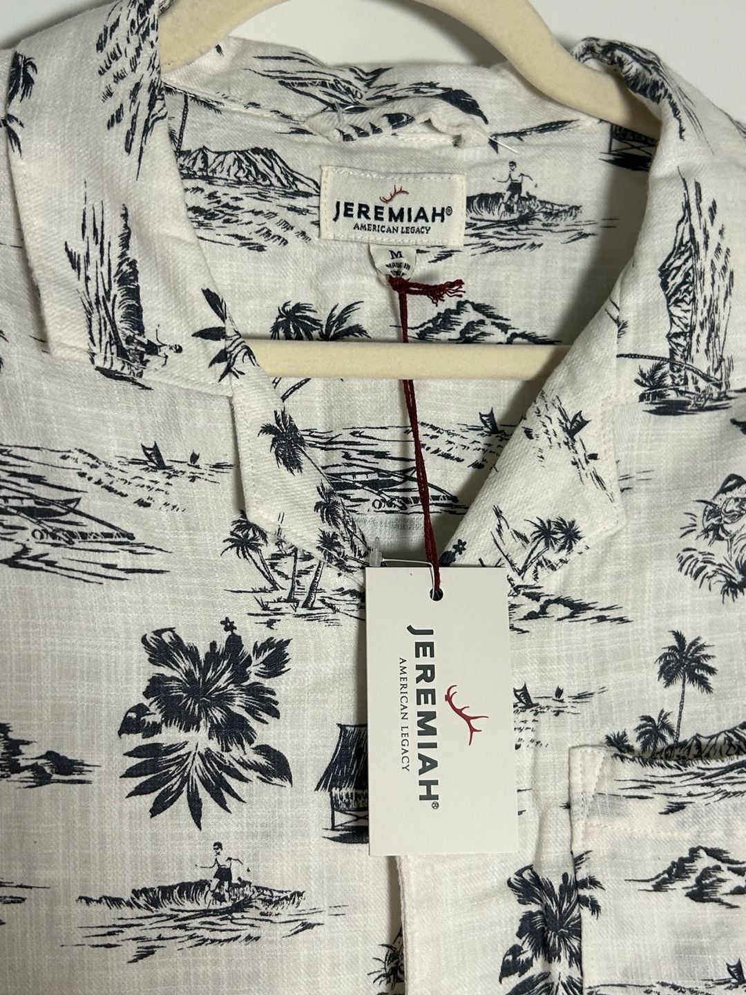 Jeremiah Caddo Camp Shirt Size M White Black Tropical Print Short Sleeve 6