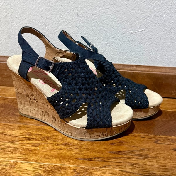 Jellypop Mosaic Wedge Sandals Size 6.5M Navy Blue Cork Heel