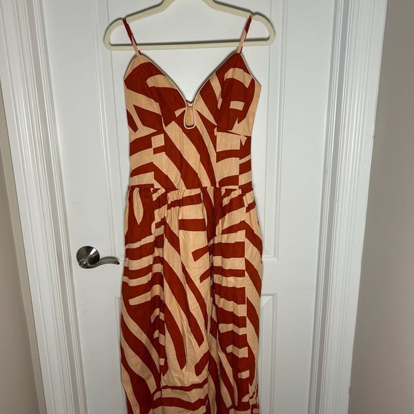 Mon Renn Surreal Midi Dress Size US XS Rust Sand Tropico Print Drop Waist