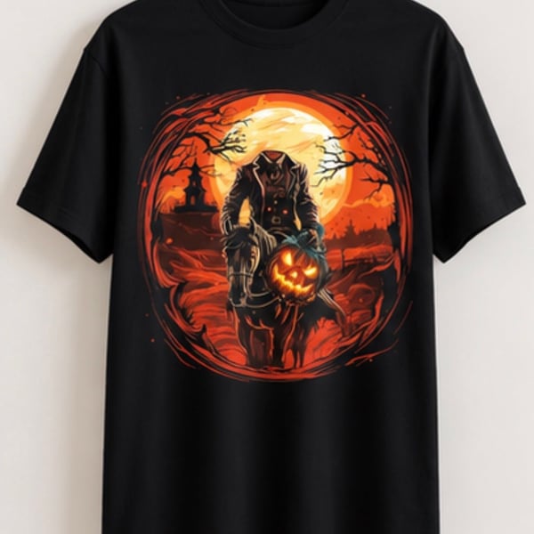 UnisexHeadless Horseman Halloween Graphic T-Shirt Size L Black